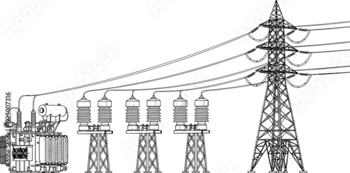 Vector line art of electrical power substation with high voltage transformer and steel lattice transmission tower for energy distribution network,