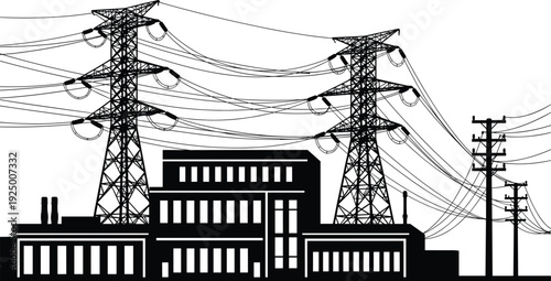 Silhouette of a large industrial power plant building with high voltage electrical transmission towers and complex overhead utility grid lines,
