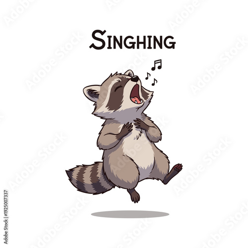 Cartoon raccoon singing with joyful expression and musical notes