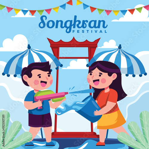 Songkran festival illustration with children playing with water guns and buckets under umbrellas