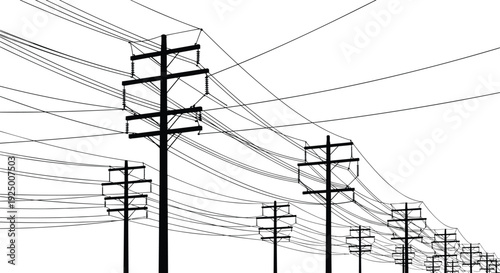 WebSilhouette of multiple utility poles with complex overhead high voltage power lines and electrical grid network against a clear white background,
