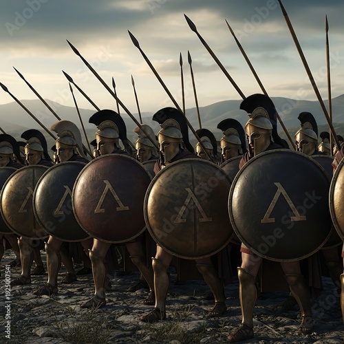 Ancient Greek Warriors in Formation with Shields.