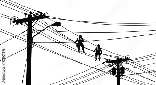 Silhouette of electrical linemen working on high voltage power lines with utility poles and transformers, industrial maintenance and repair services,
