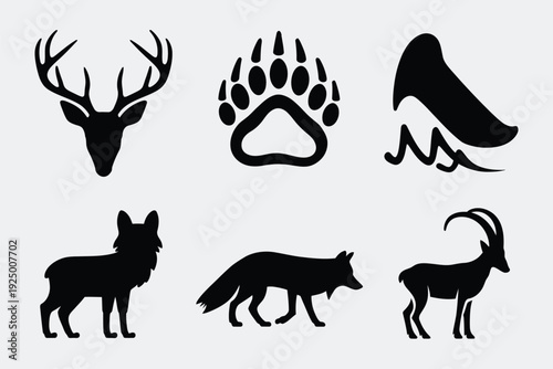 Black and white silhouettes of various wild animal symbols and creatures isolated on white background, Vector, illustration