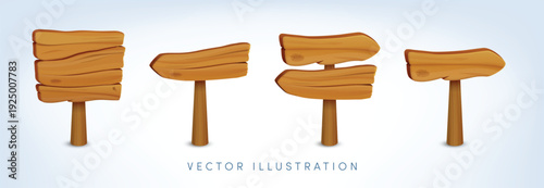 Vector cartoon 3d signboard set. 3d realistic empty wooden right, left direction arrow and plaque. Wood texture brown pointers collection. Wooden choice signpost game sign, vintage street road banner.