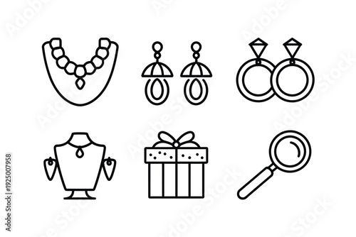 Assorted icons representing jewelry and gift-related accessories and tools isolated on white background, Vector, illustration