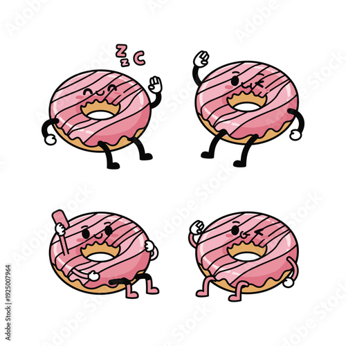 Cartoon donuts with different emotions and actions in a playful style