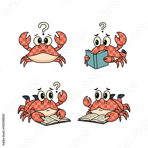 Confused cartoon crabs reading and thinking with question marks
