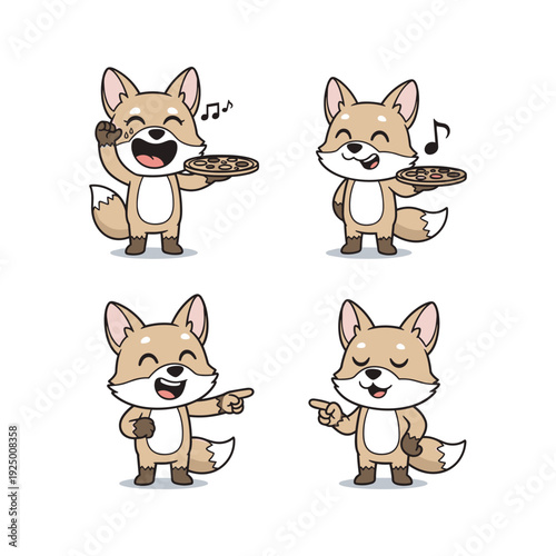 Cartoon fox characters singing and dancing with musical notes in various poses