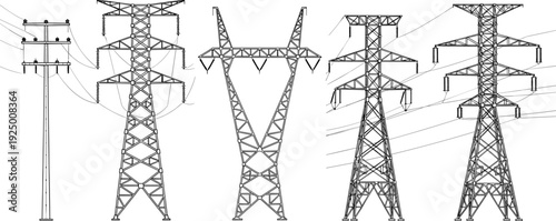 Set of high voltage power lines, electricity pylons, transmission towers, electrical grid infrastructure icons, energy supply silhouettes for industrial utility design