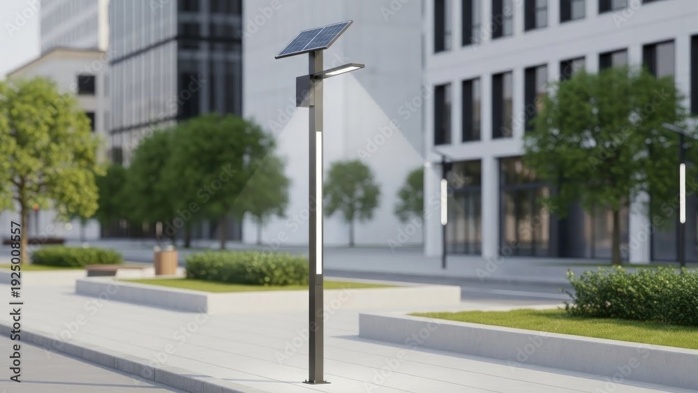 Fototapeta premium A solar-powered street light standing alone on a sidewalk in an urban setting with buildings and trees