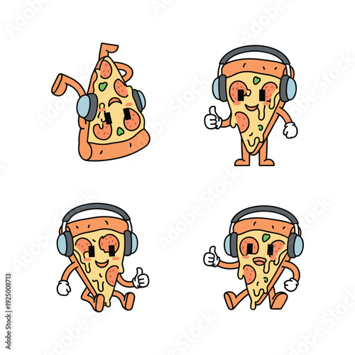 Cartoon pizza slices with headphones dancing and giving thumbs up in a fun and playful style