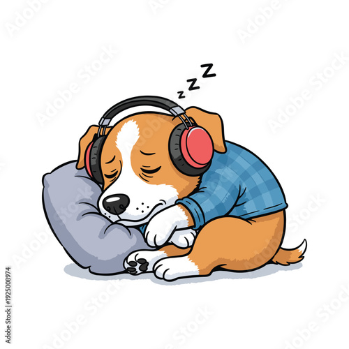 Adorable dog sleeping with headphones on a pillow in a relaxed cartoon style