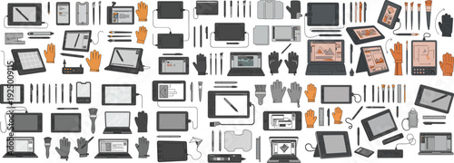 Flat lay of creative tools including graphic tablets, styluses, and accessories for digital artists.