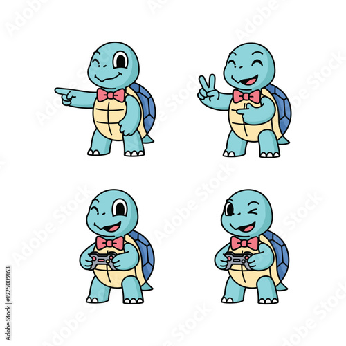 Cartoon turtle character set with different gestures and red bow tie on white background