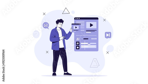 Man editing video on digital interface, AI video editing, online content creation