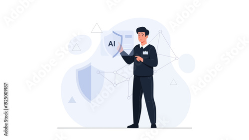 Man Holding AI Shield, Cybersecurity Protection, Artificial Intelligence Concept