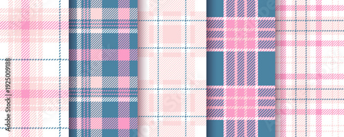 Tartan background. Plaid seamless pattern. Flannel pink blue texture. Set Vichy print. Gingham fabric. Girly check cloth. Shirt textile. Lumberjack checkered tablecloth. Vector illustration