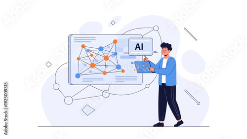 Man Interacting with AI Algorithm Visualization on Digital Screen