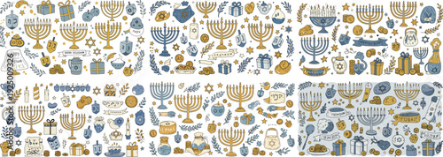 Festive Hanukkah illustration with traditional symbols, blue and gold colors, and joyful holiday elements.