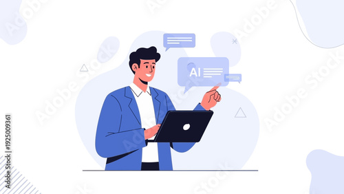 Man interacting with AI chatbot on laptop, artificial intelligence concept