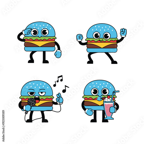 Cartoon hamburger characters dancing and having fun in different poses