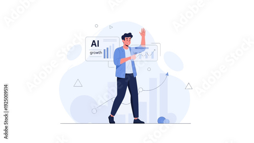 Man Interacting with AI Data Analysis and Futuristic Technology