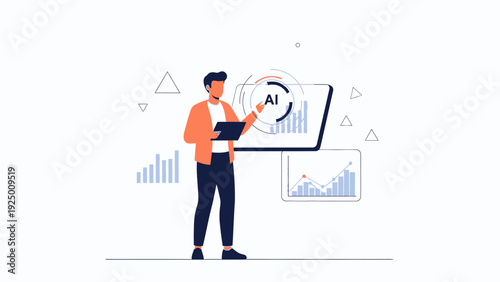 Man interacting with AI data analysis interface, charts and graphs display.