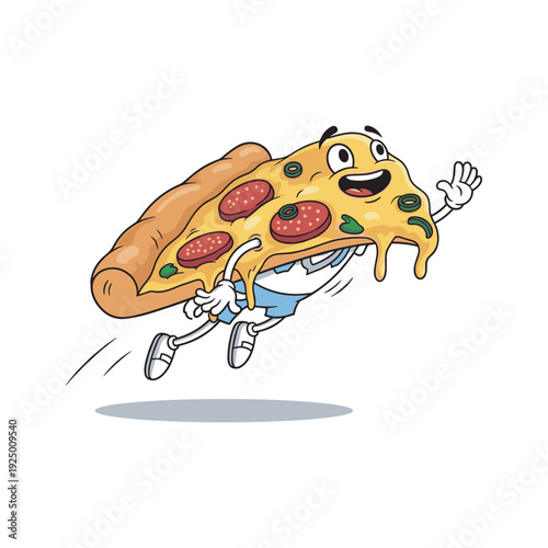 Cheesy pizza character running with joy and excitement in a cartoon style