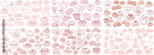 Illustration of assorted desserts, pastries, and tea sets in a delicate, pastel color palette.