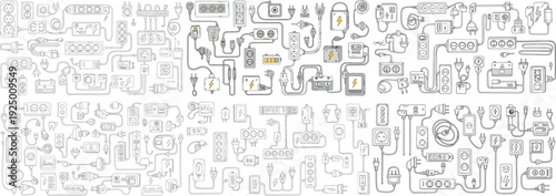 Illustration of various electrical plugs and sockets in a monochrome design with hints of yellow.