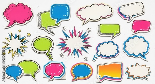 Vibrant speech bubbles and comic book elements create playful visuals for creative storytelling