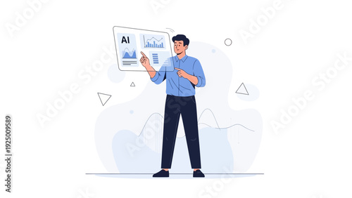 Man interacting with AI data visualization screen, digital analytics, modern technology concept