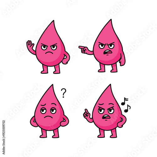 Cartoon water drop characters expressing different emotions with gestures and facial expressions