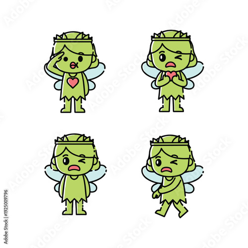 Cartoon green angels showing different emotions with copy space