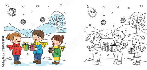 Cute children exchanging gifts in a snowy winter landscape. Color illustration and black and white coloring book page template.
