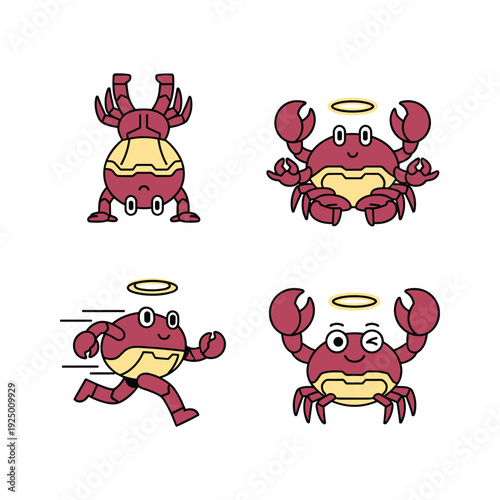 Cartoon crabs with halos in different poses on white background