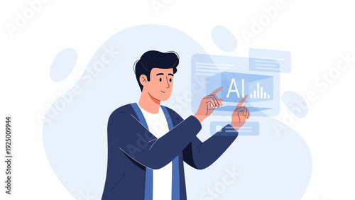 Man interacting with AI interface, future technology, data analysis, digital innovation