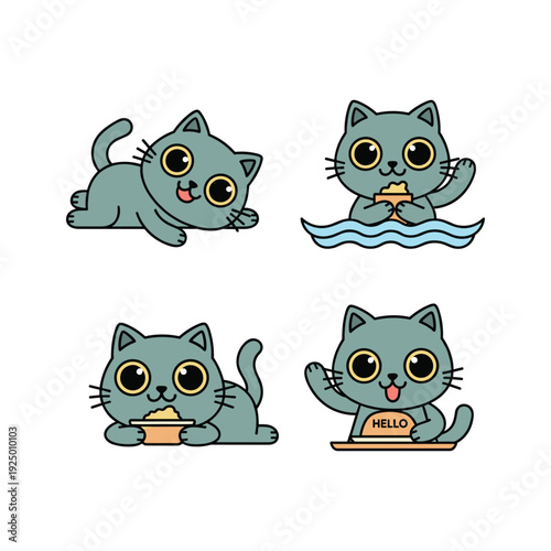 Cute cartoon cat characters with different expressions and actions on white background