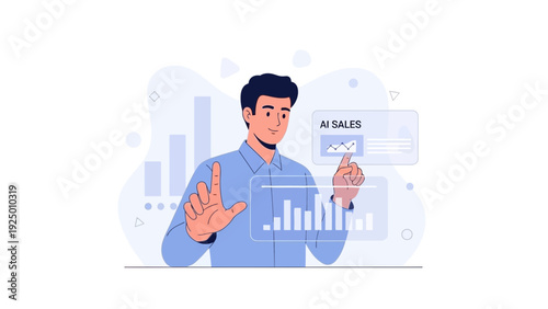 Man interacting with AI sales data visualization on futuristic screen