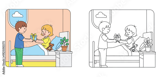 Cute cartoon boy giving a gift box to a girl in bed, colored illustration and black and white line art coloring page for kids.