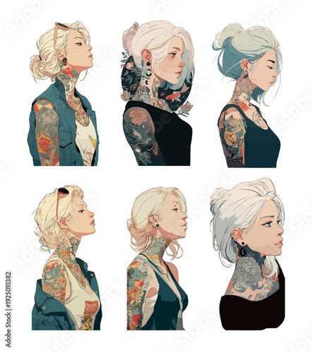 Blonde tattoo women avatars cartoon vector set. Female portraits body art colorful tattoos neck arms floral motifs koi fish denim vest black tank character