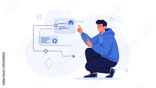 Man interacting with digital interface, data visualization and workflow management concept