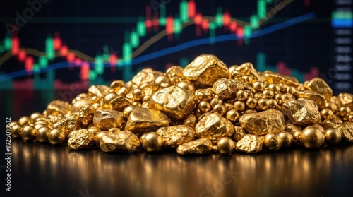 Pile of gold nuggets and small balls in front of stock market graph, wealth investment