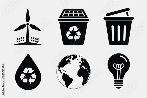 Icons representing various aspects of sustainability and environmental conservation isolated on white background, Vector, illustration