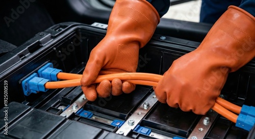 Electric car technician repairs high voltage battery pack wearing safety gloves in garage workshop