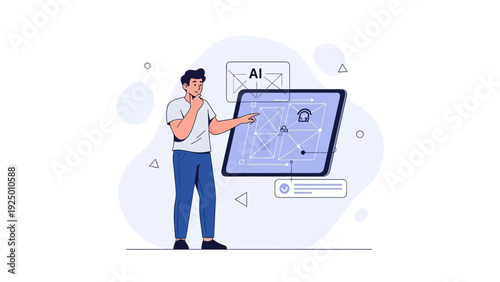 Man interacting with futuristic AI interface on digital screen, technology concept