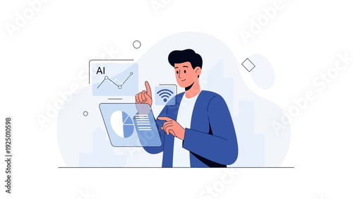 Man interacting with futuristic AI interface, data analysis, technology concept