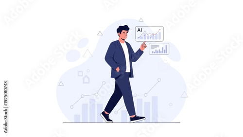 Man pointing at AI data analytics charts, business growth concept illustration