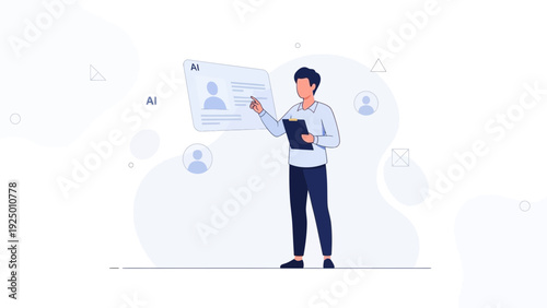 Man Pointing at AI Interface, Digital Profile Selection, HR Technology Concept
